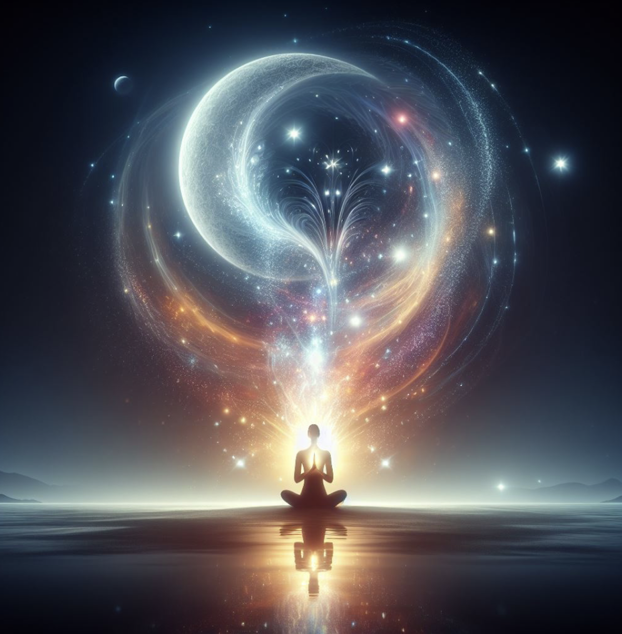 A figure in meditation beneath a crescent moon, breath rising like a fountain into the cosmos